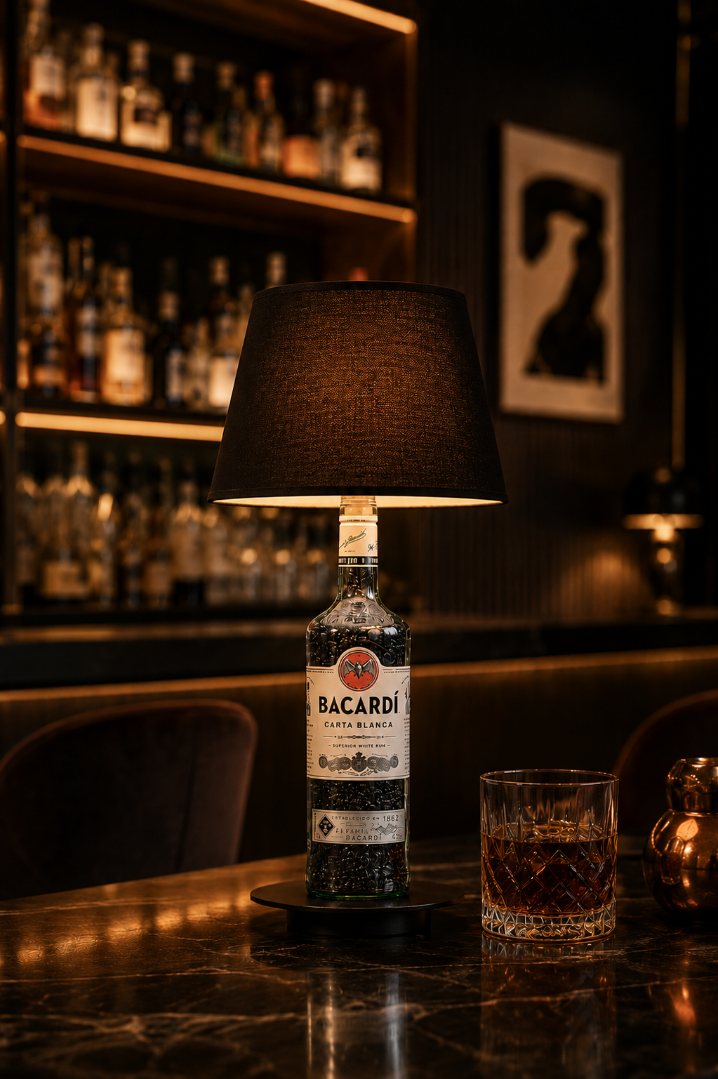 Ricardo Bacardi-Flaschenlampe mit schwarzem Schirm, leuchtend an einer Bar neben einem Glas