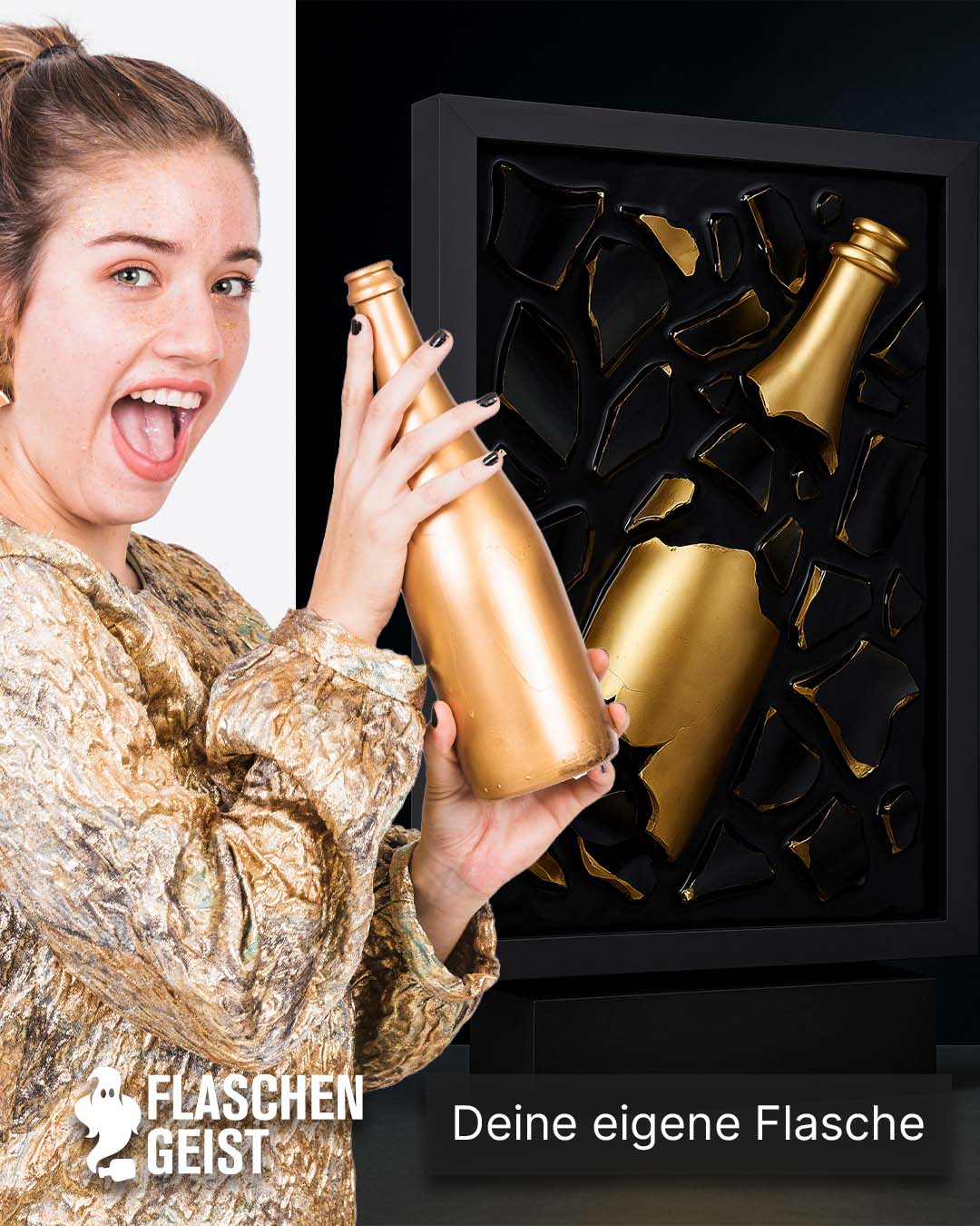 Mein Flaschengeist - dein Wunschbild. Goldflasche.