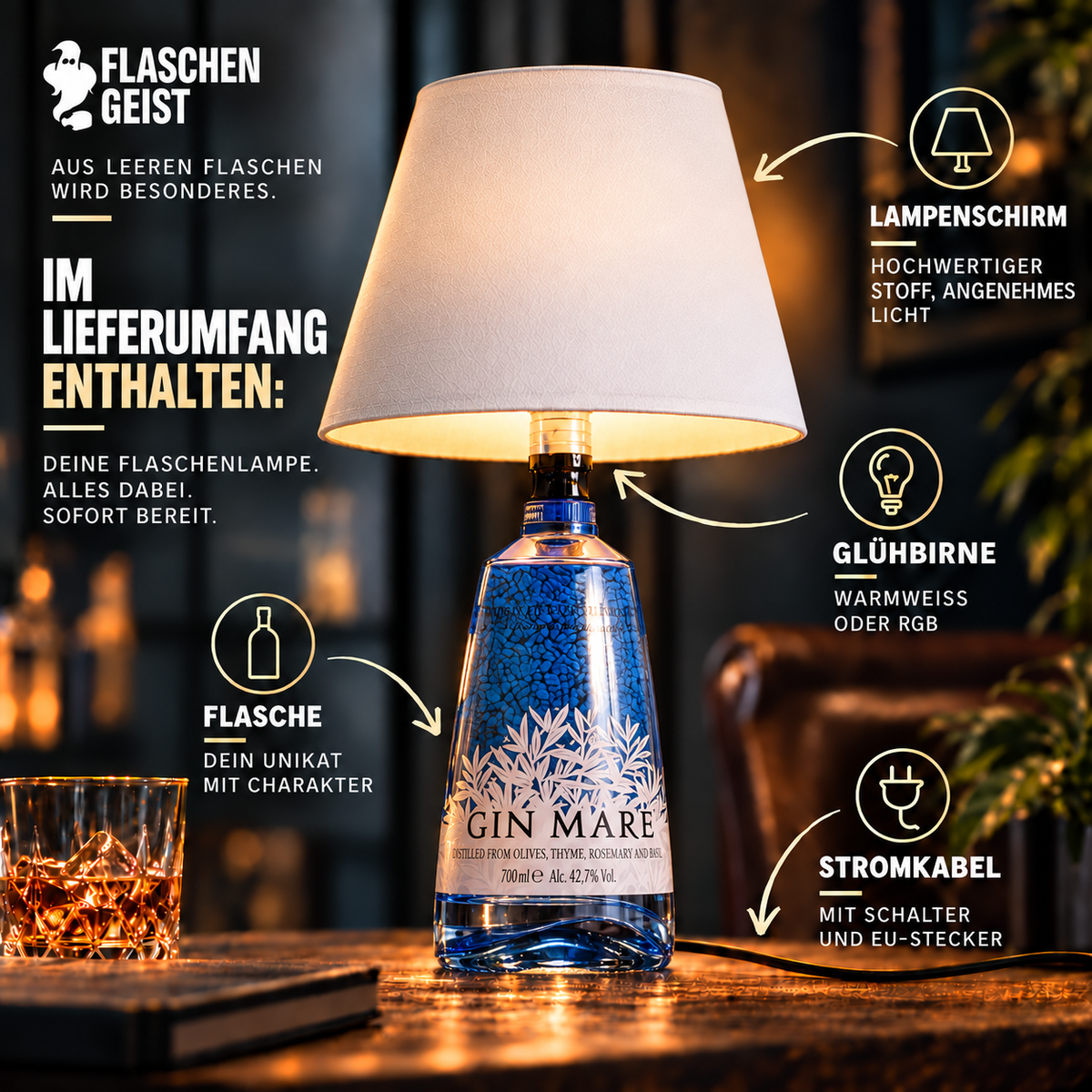 Ginflut Flaschenlampe – Lieferumfang