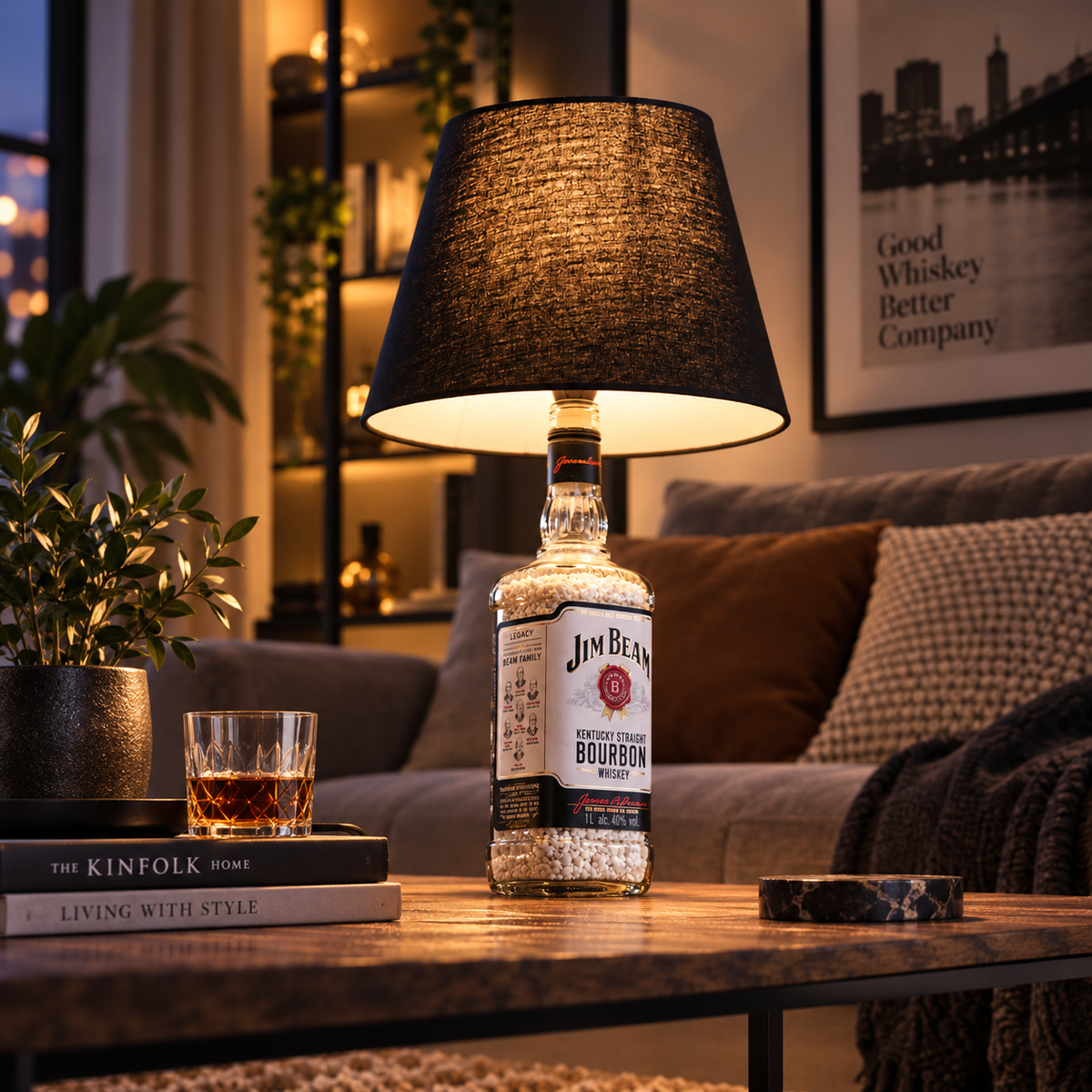 Jimmy Jim-Beam-Flaschenlampe – im Wohnzimmer